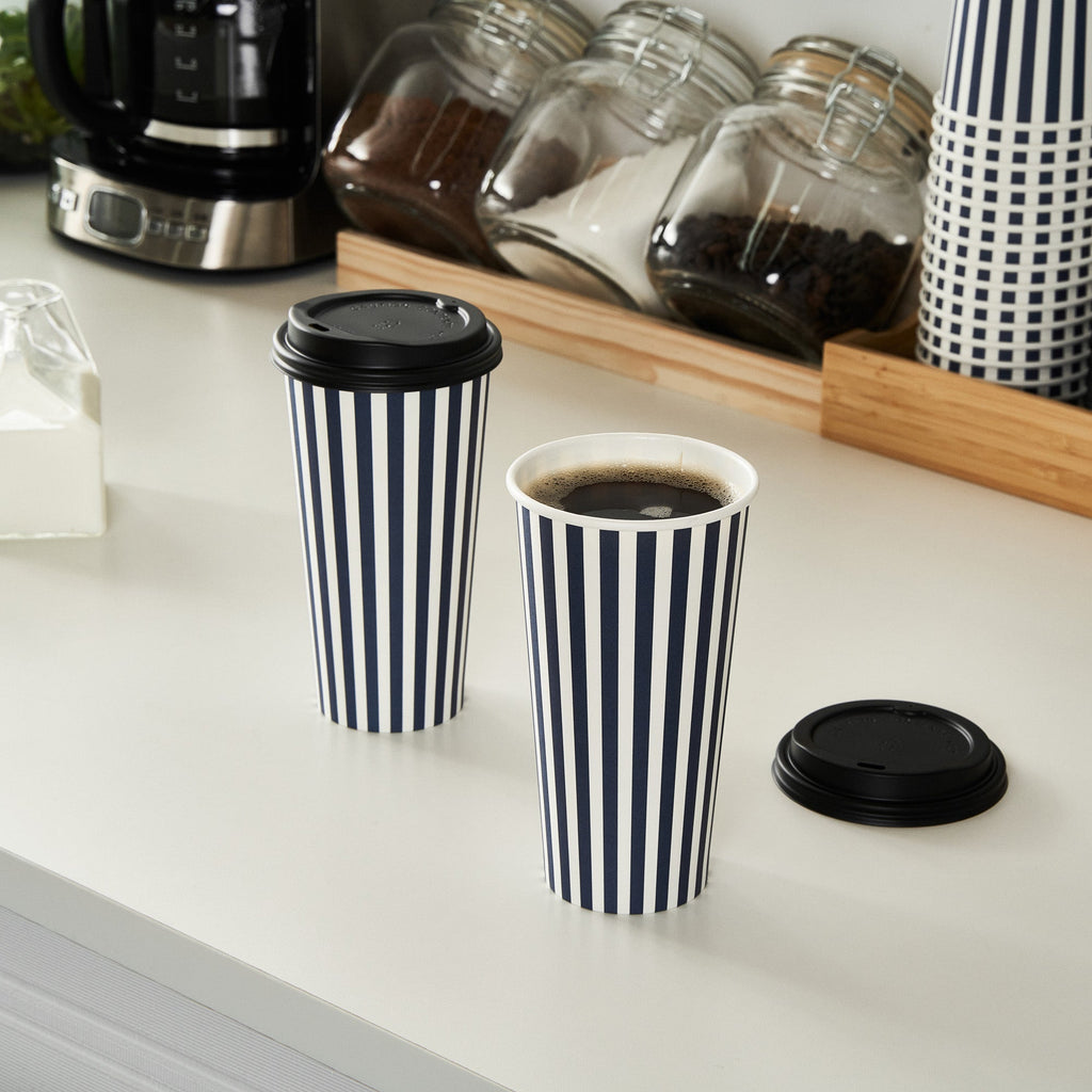 Restpresso 20 oz Blue and White Stripe Paper Single Wall Coffee Cup - with Black Lid - 3 1/2"x 3 1/2"x 6 1/4" - 400 count box