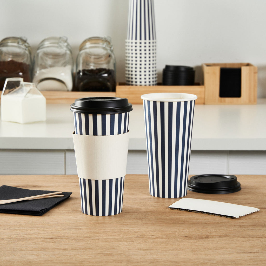 Restpresso 20 oz Blue and White Stripe Paper Single Wall Coffee Cup - with Black Lid - 3 1/2"x 3 1/2"x 6 1/4" - 400 count box