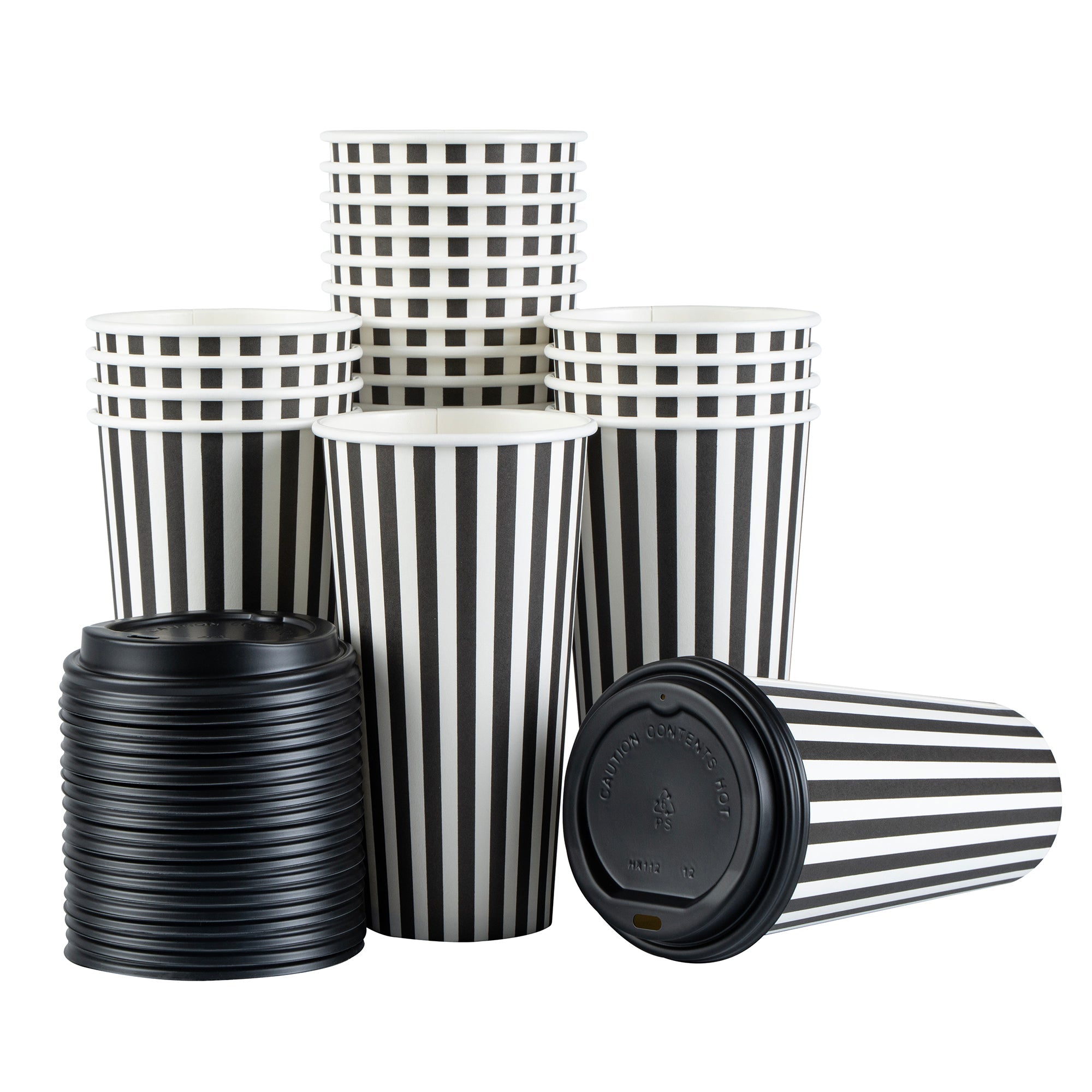 Restpresso 20 oz Black and White Stripe Paper Single Wall Coffee Cup - with Black Lid - 3 1/2"x 3 1/2"x 6 1/4" - 20 count box