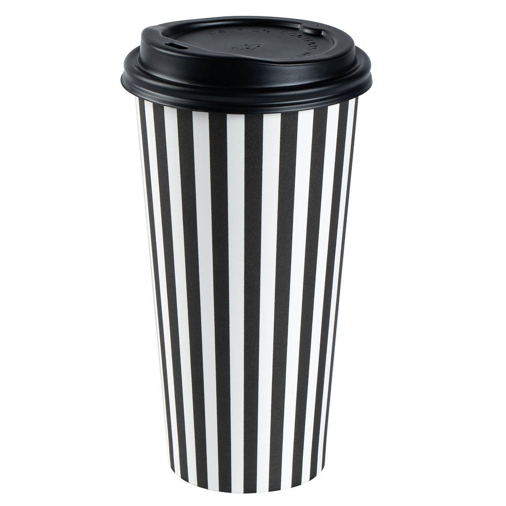 Restpresso 20 oz Black and White Stripe Paper Single Wall Coffee Cup - with Black Lid - 3 1/2"x 3 1/2"x 6 1/4" - 20 count box
