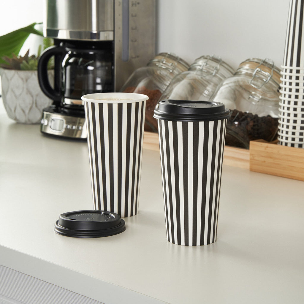 Restpresso 20 oz Black and White Stripe Paper Single Wall Coffee Cup - with Black Lid - 3 1/2"x 3 1/2"x 6 1/4" - 20 count box