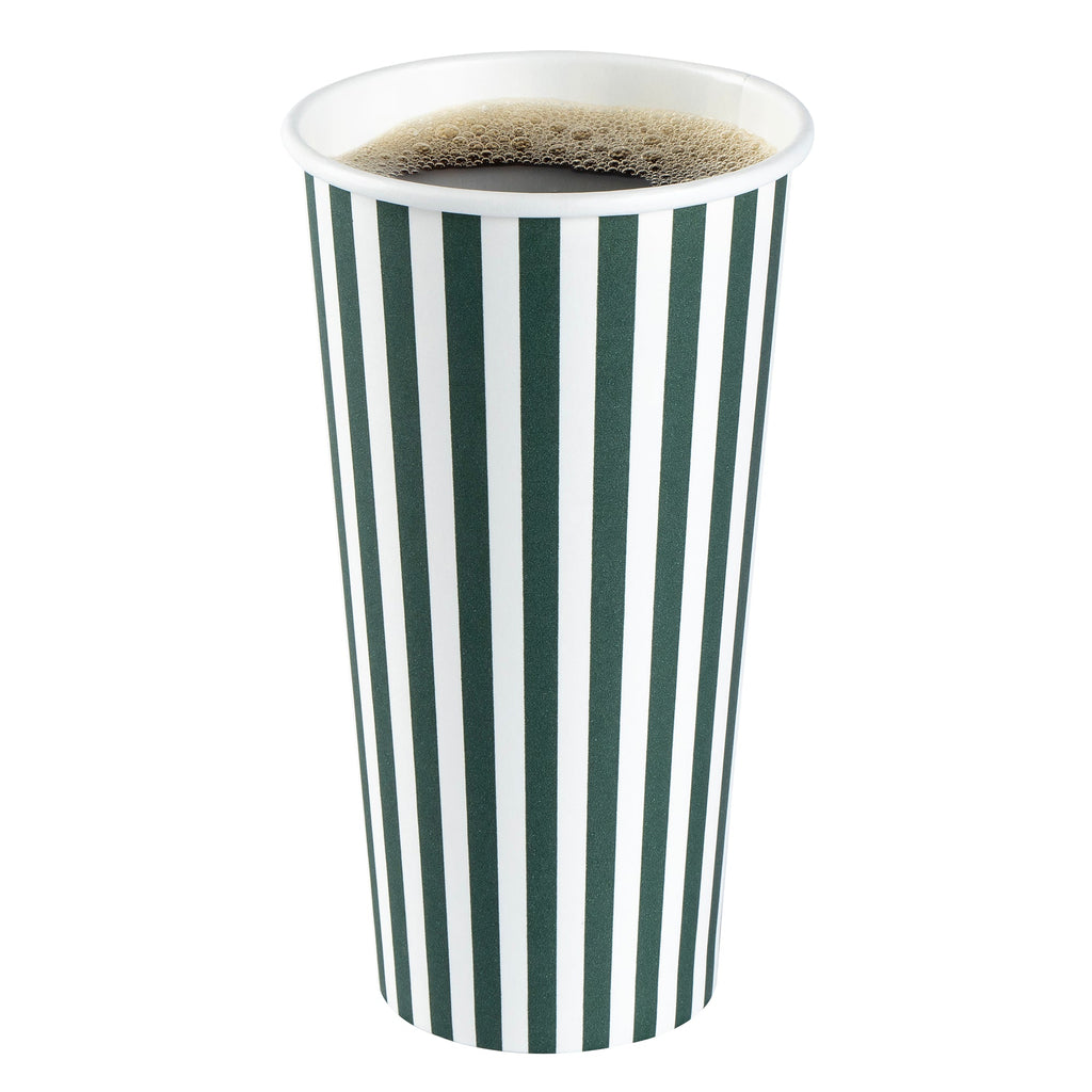 Restpresso 20 oz Forest Green and White Stripe Paper Single Wall Coffee Cup - with Black Lid - 3 1/2"x 3 1/2"x 6 1/4" - 20 count box