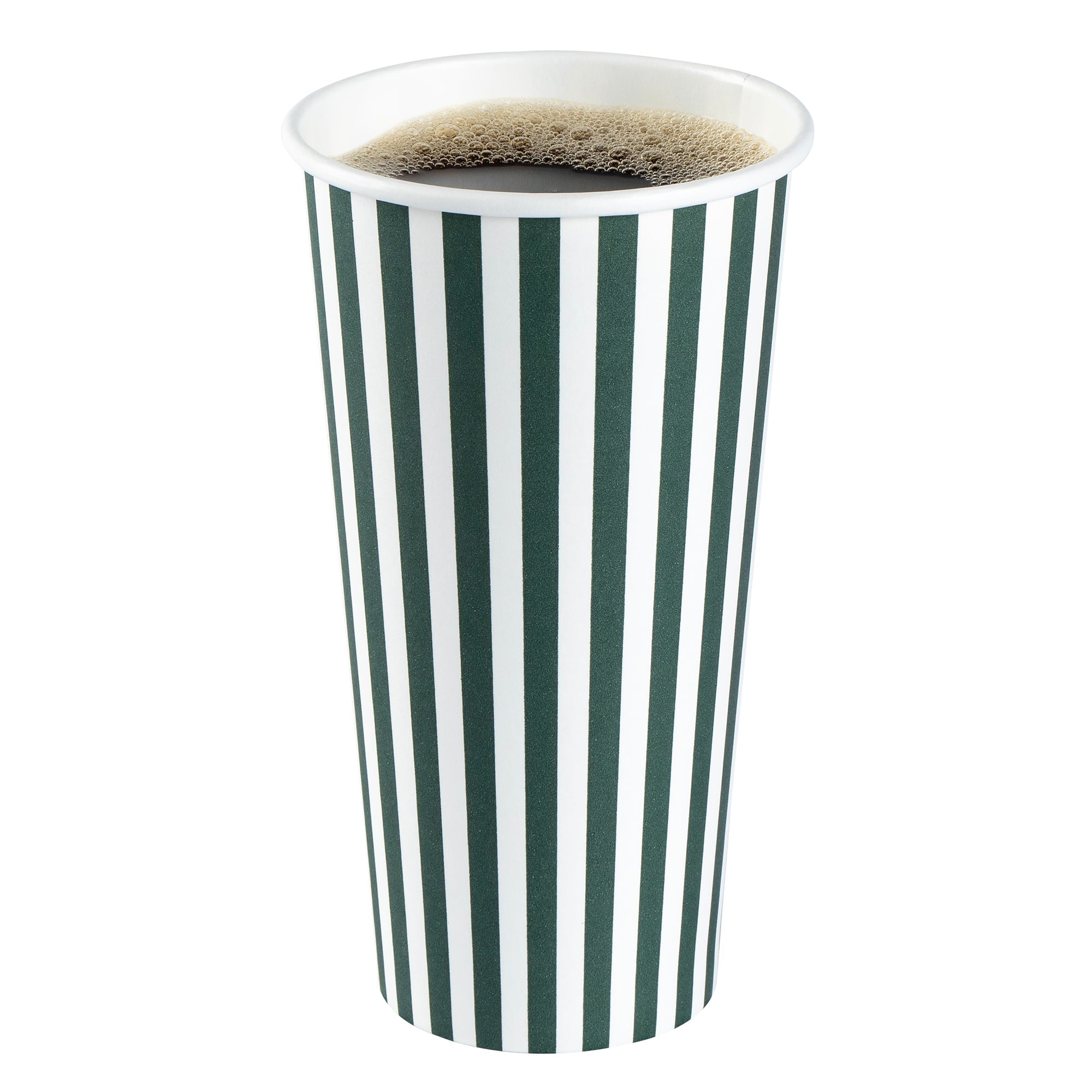 Restpresso 20 oz Forest Green and White Stripe Paper Single Wall Coffee Cup - with Black Lid - 3 1/2"x 3 1/2"x 6 1/4" - 20 count box