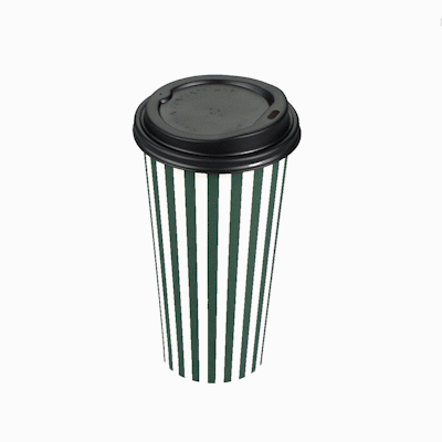 Restpresso 20 oz Forest Green and White Stripe Paper Single Wall Coffee Cup - with Black Lid - 3 1/2"x 3 1/2"x 6 1/4" - 20 count box