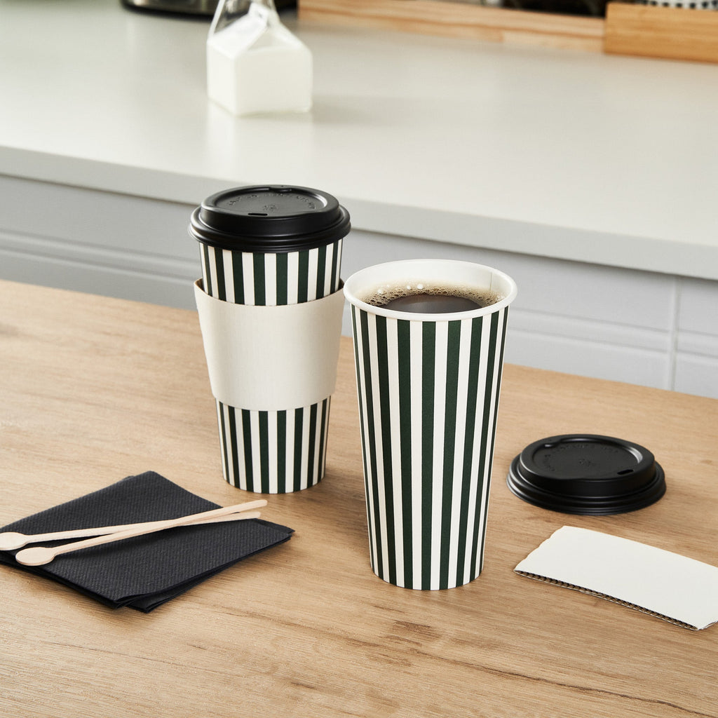 Restpresso 20 oz Forest Green and White Stripe Paper Single Wall Coffee Cup - with Black Lid - 3 1/2"x 3 1/2"x 6 1/4" - 20 count box