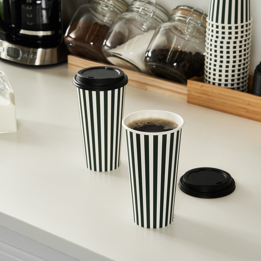 Restpresso 20 oz Forest Green and White Stripe Paper Single Wall Coffee Cup - with Black Lid - 3 1/2"x 3 1/2"x 6 1/4" - 400 count box