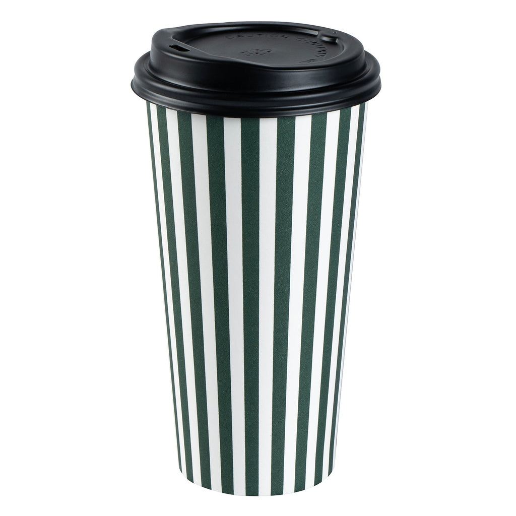 Restpresso 20 oz Forest Green and White Stripe Paper Single Wall Coffee Cup - with Black Lid - 3 1/2"x 3 1/2"x 6 1/4" - 400 count box