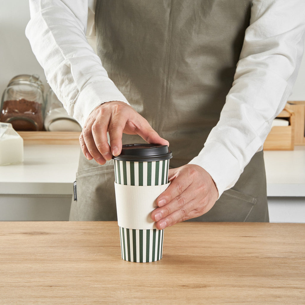 Restpresso 20 oz Forest Green and White Stripe Paper Single Wall Coffee Cup - with Black Lid - 3 1/2"x 3 1/2"x 6 1/4" - 400 count box