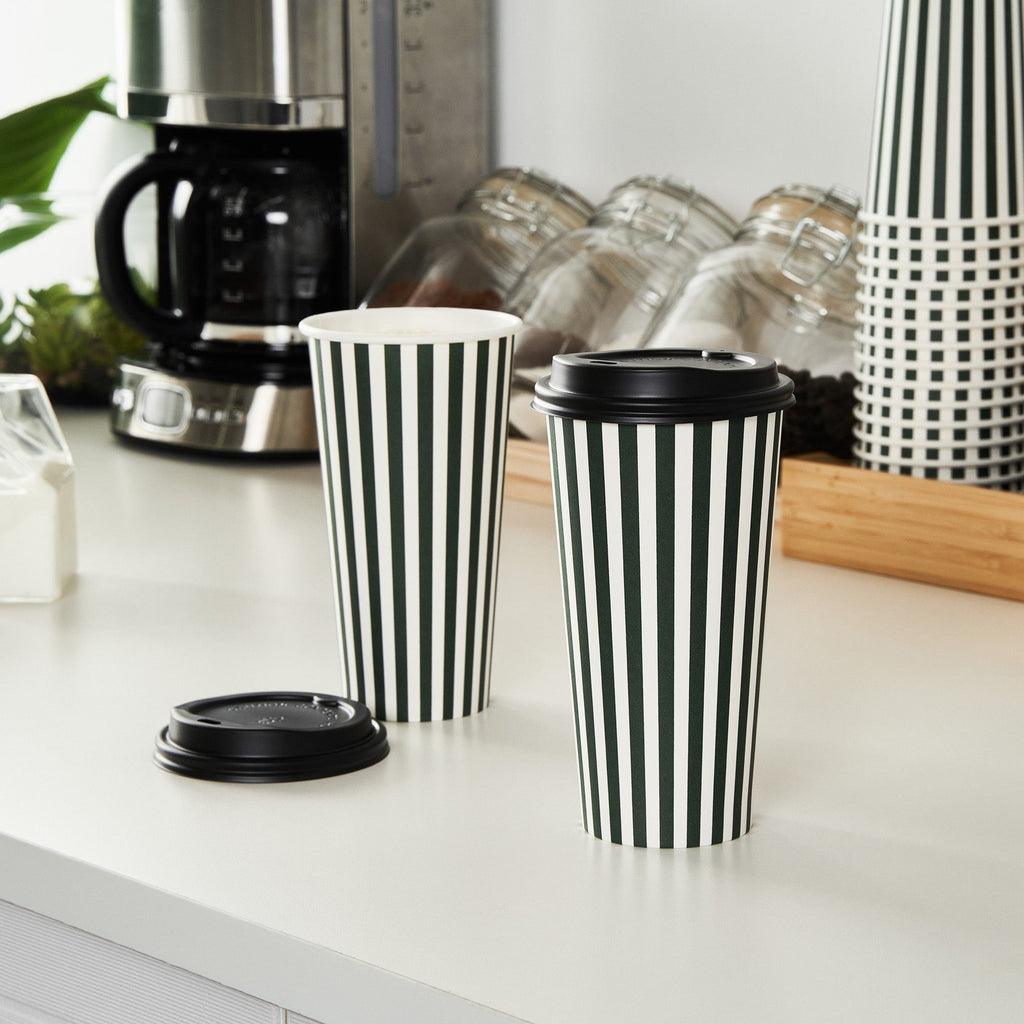 Restpresso 20 oz Forest Green and White Stripe Paper Single Wall Coffee Cup - with Black Lid - 3 1/2"x 3 1/2"x 6 1/4" - 400 count box