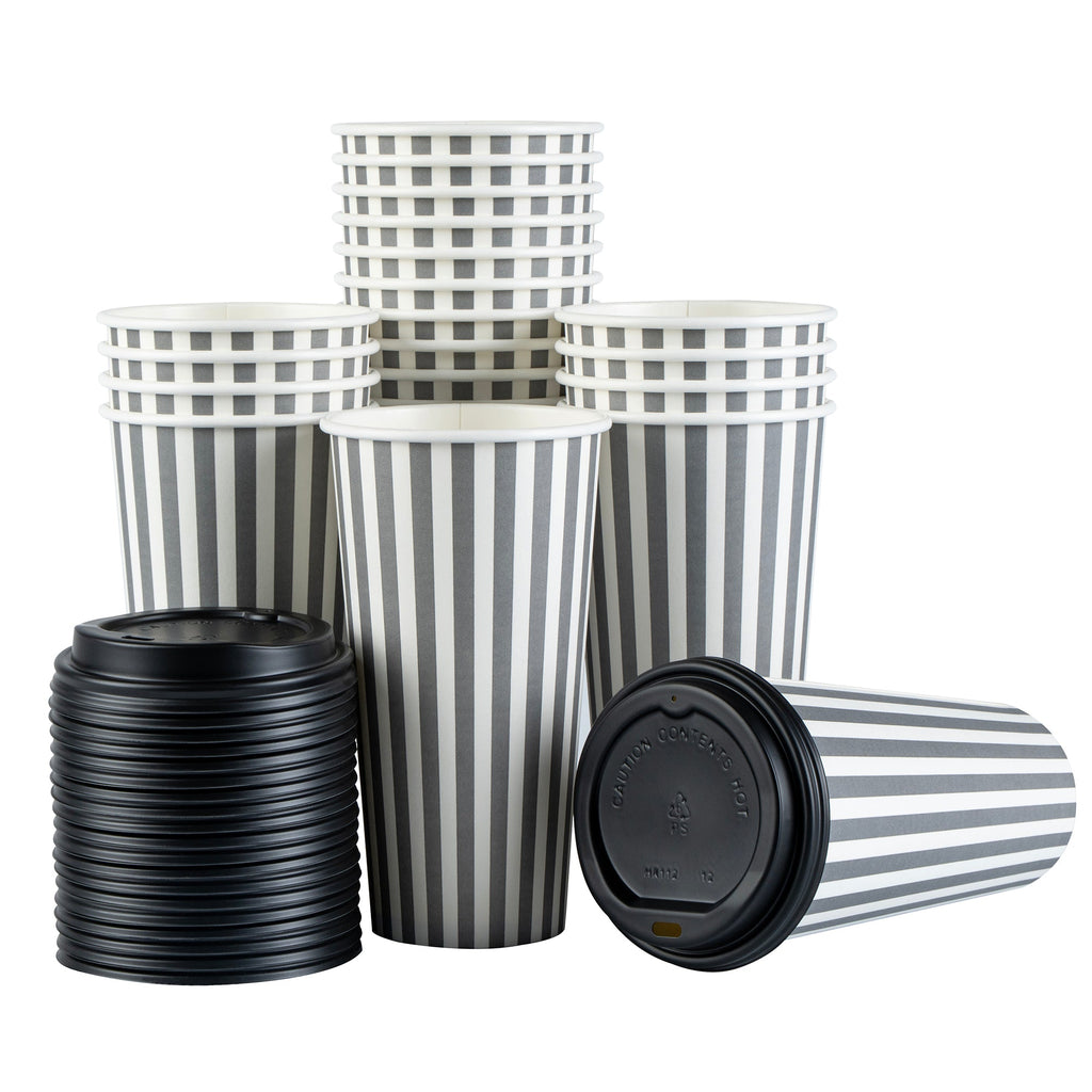 Restpresso 20 oz Gray and White Stripe Paper Single Wall Coffee Cup - with Black Lid - 3 1/2"x 3 1/2"x 6 1/4" - 20 count box