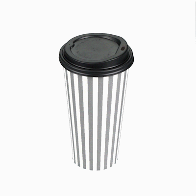 Restpresso 20 oz Gray and White Stripe Paper Single Wall Coffee Cup - with Black Lid - 3 1/2"x 3 1/2"x 6 1/4" - 20 count box