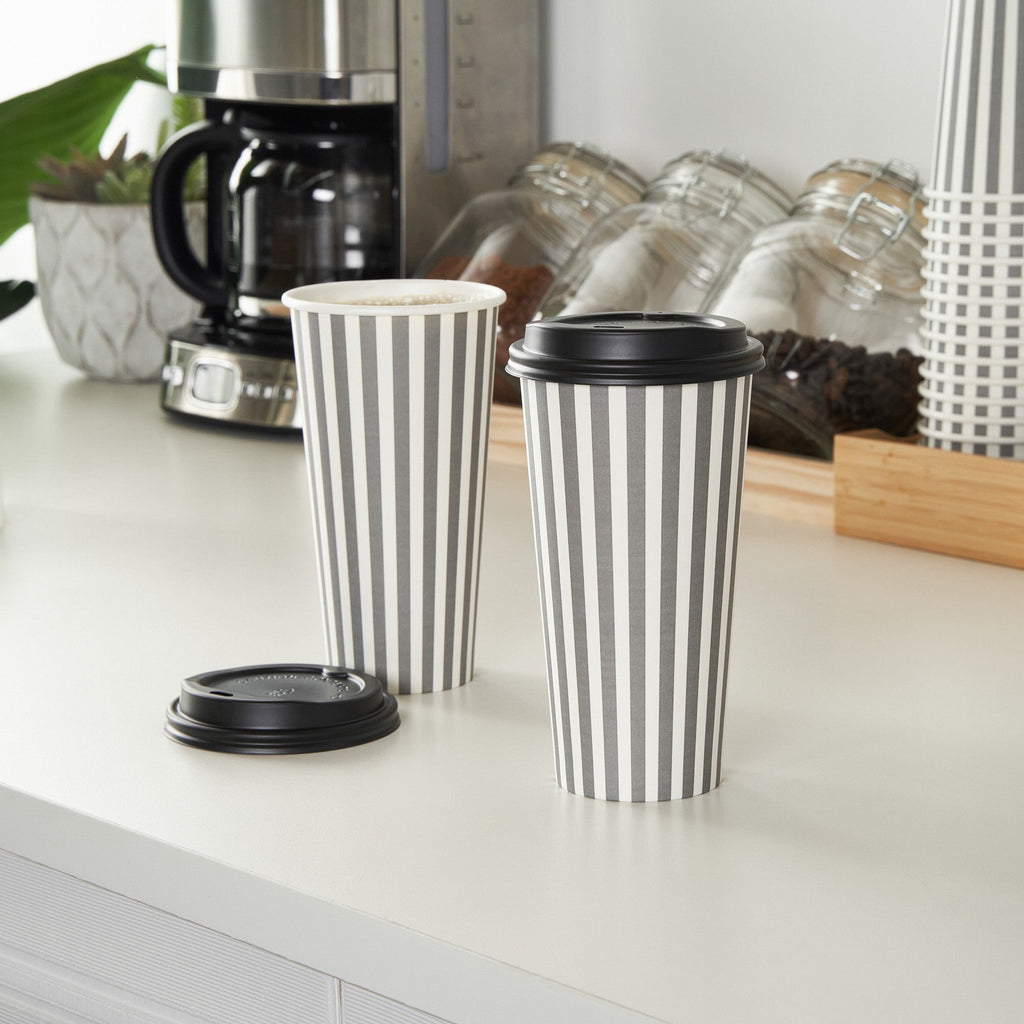 Restpresso 20 oz Gray and White Stripe Paper Single Wall Coffee Cup - with Black Lid - 3 1/2"x 3 1/2"x 6 1/4" - 20 count box