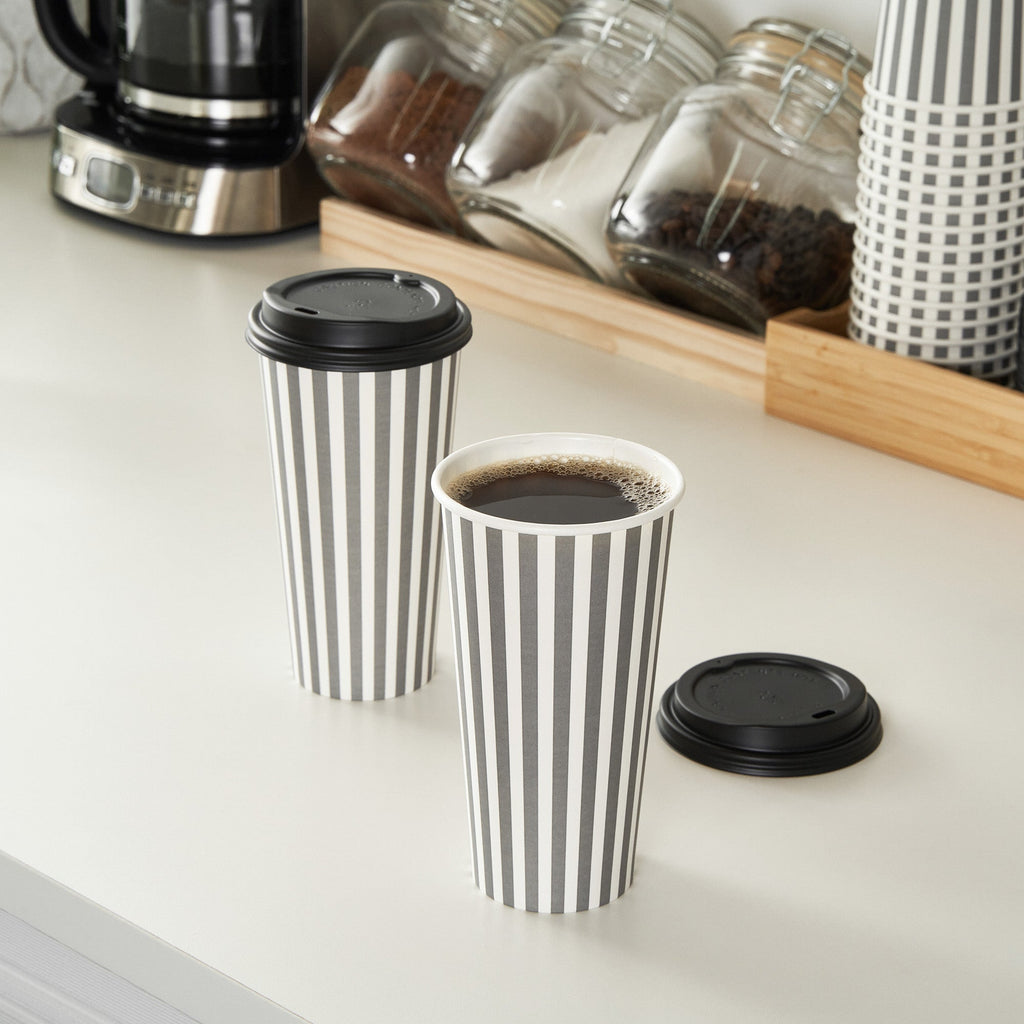Restpresso 20 oz Gray and White Stripe Paper Single Wall Coffee Cup - with Black Lid - 3 1/2"x 3 1/2"x 6 1/4" - 400 count box