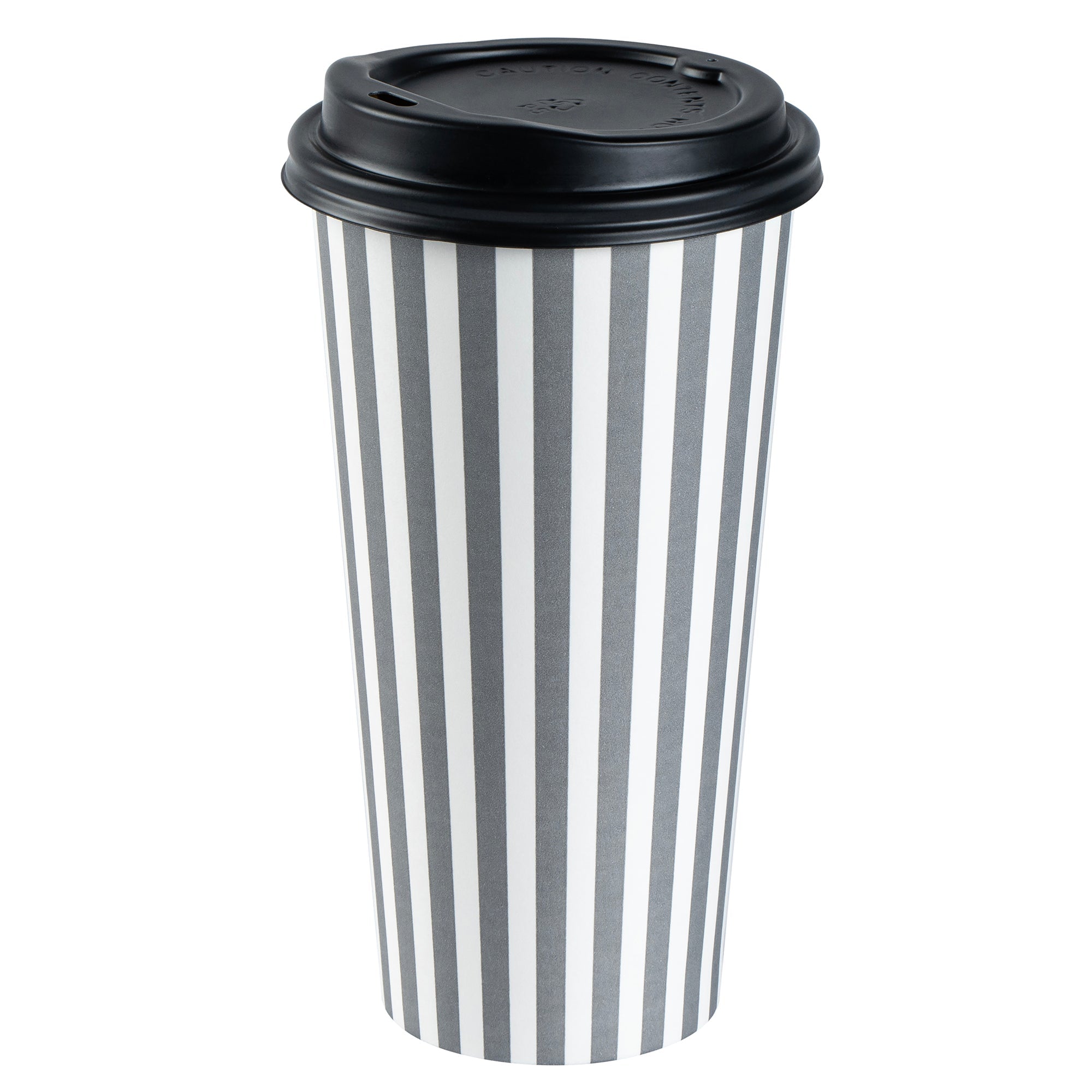 Restpresso 20 oz Gray and White Stripe Paper Single Wall Coffee Cup - with Black Lid - 3 1/2"x 3 1/2"x 6 1/4" - 400 count box