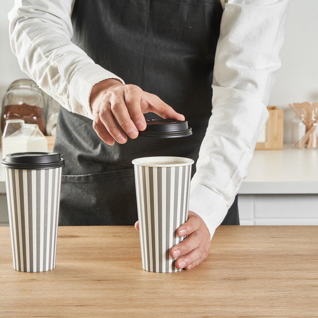 Restpresso 20 oz Gray and White Stripe Paper Single Wall Coffee Cup - with Black Lid - 3 1/2"x 3 1/2"x 6 1/4" - 400 count box