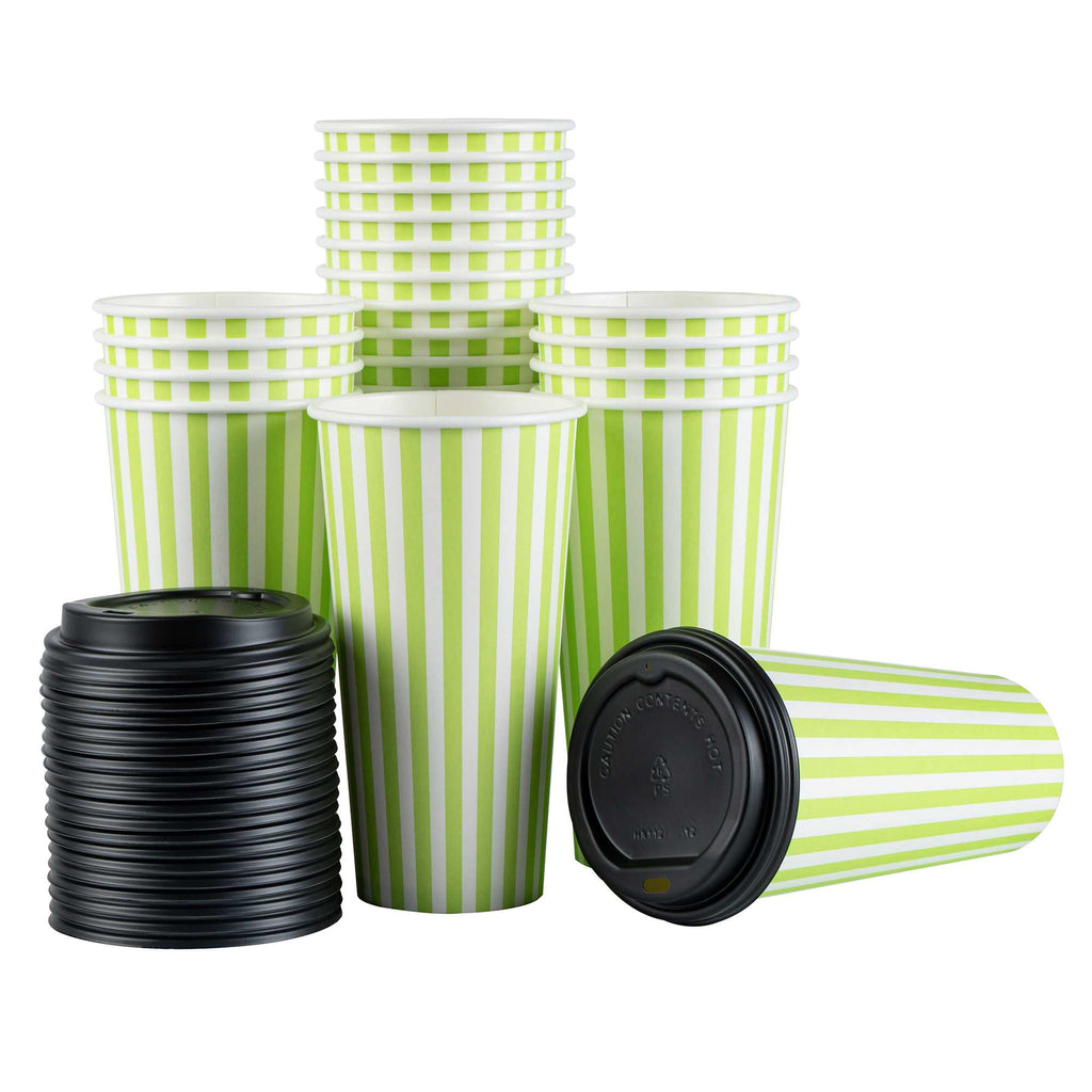Restpresso 20 oz Green and White Stripe Paper Single Wall Coffee Cup - with Black Lid - 3 1/2"x 3 1/2"x 6 1/4" - 20 count box