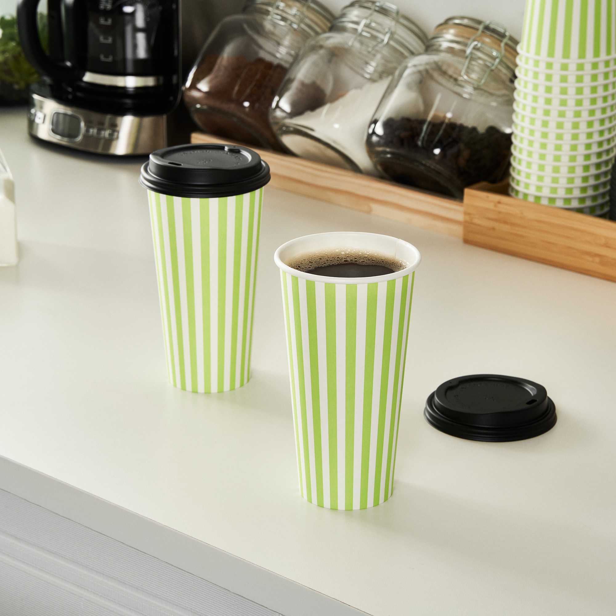 Restpresso 20 oz Green and White Stripe Paper Single Wall Coffee Cup - with Black Lid - 3 1/2"x 3 1/2"x 6 1/4" - 20 count box