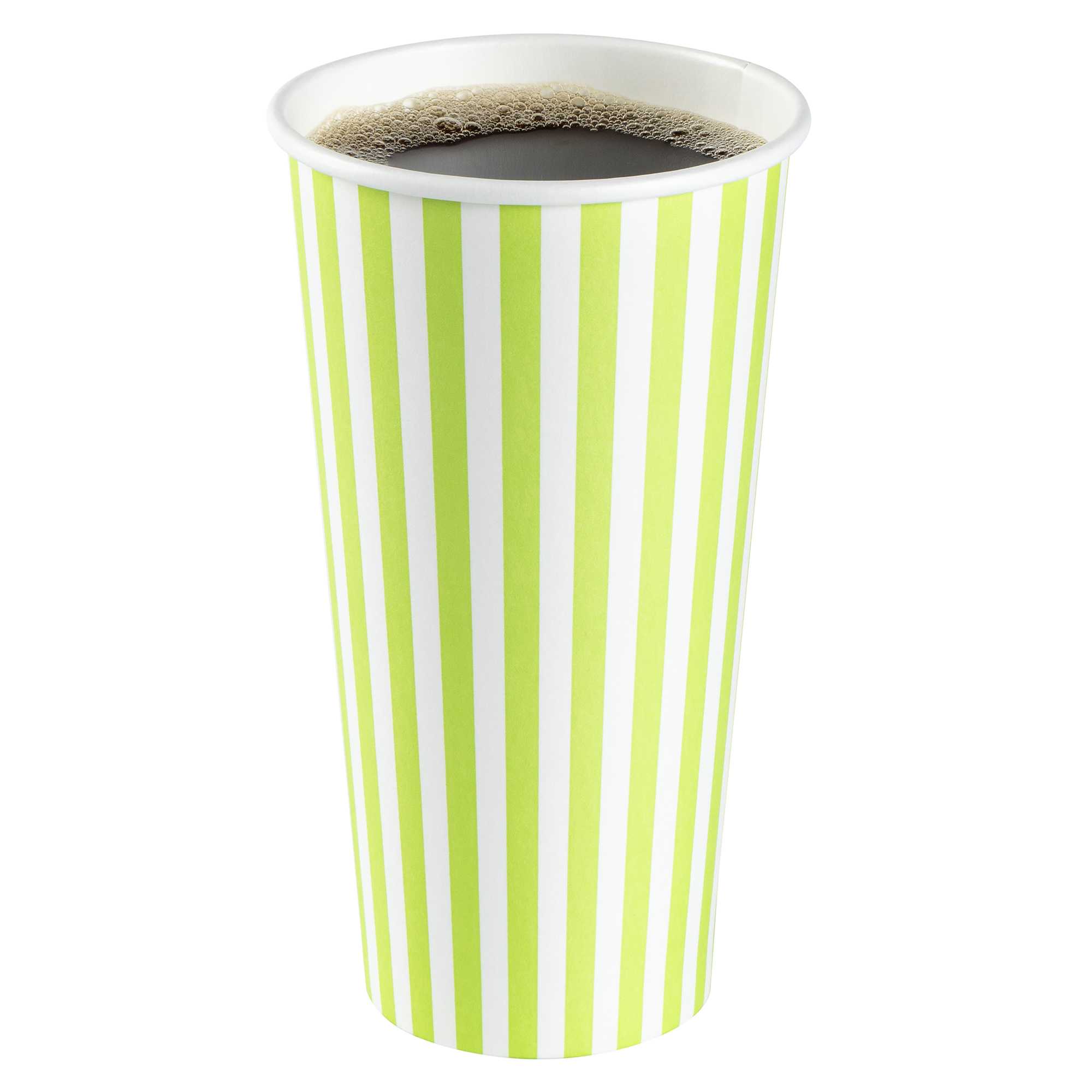 Restpresso 20 oz Green and White Stripe Paper Single Wall Coffee Cup - with Black Lid - 3 1/2"x 3 1/2"x 6 1/4" - 20 count box