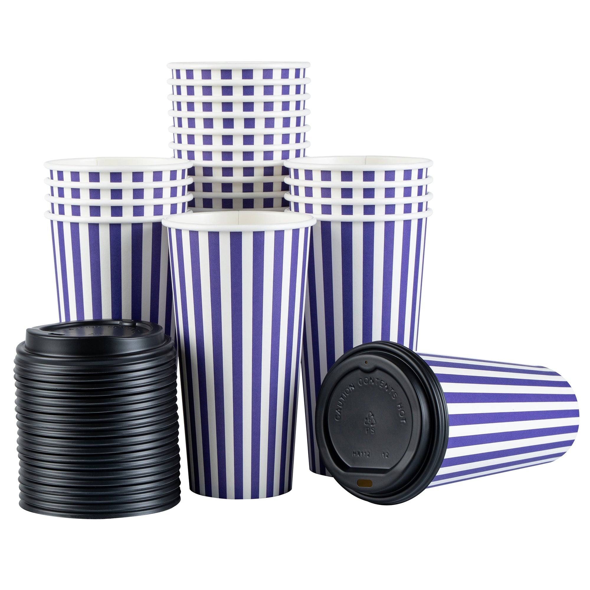 Restpresso 20 oz Purple and White Stripe Paper Single Wall Coffee Cup - with Black Lid - 3 1/2"x 3 1/2"x 6 1/4" - 20 count box