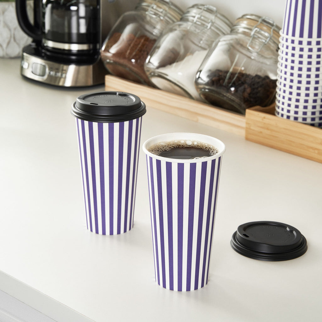 Restpresso 20 oz Purple and White Stripe Paper Single Wall Coffee Cup - with Black Lid - 3 1/2"x 3 1/2"x 6 1/4" - 20 count box