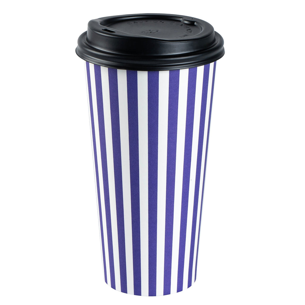 Restpresso 20 oz Purple and White Stripe Paper Single Wall Coffee Cup - with Black Lid - 3 1/2"x 3 1/2"x 6 1/4" - 20 count box