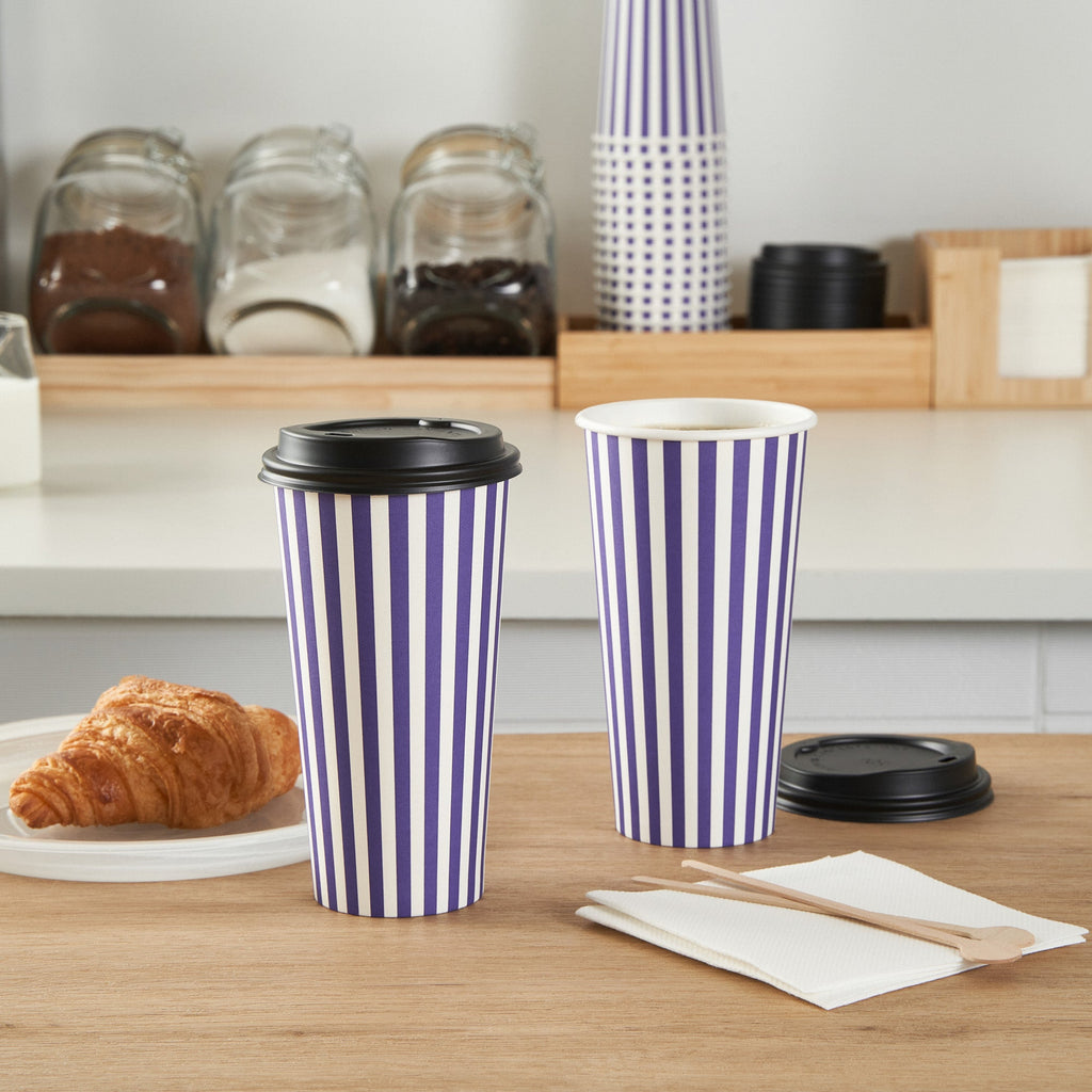 Restpresso 20 oz Purple and White Stripe Paper Single Wall Coffee Cup - with Black Lid - 3 1/2"x 3 1/2"x 6 1/4" - 20 count box
