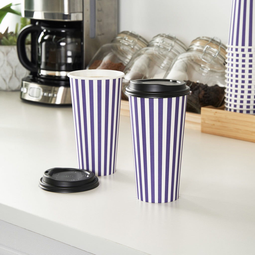 Restpresso 20 oz Purple and White Stripe Paper Single Wall Coffee Cup - with Black Lid - 3 1/2"x 3 1/2"x 6 1/4" - 20 count box