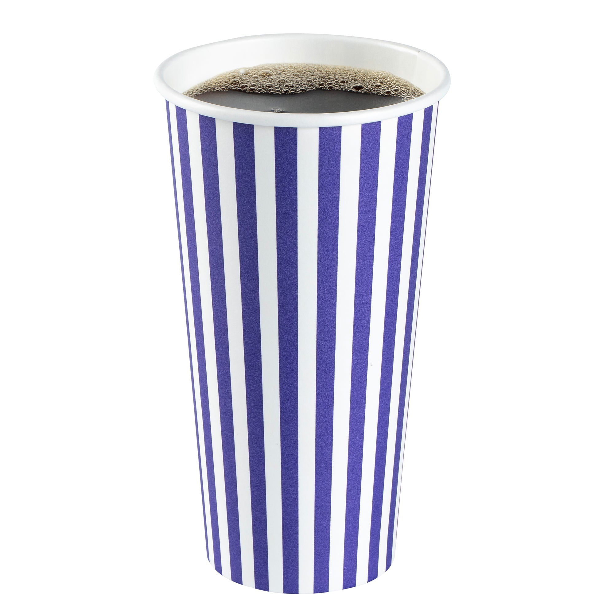 Restpresso 20 oz Purple and White Stripe Paper Single Wall Coffee Cup - with Black Lid - 3 1/2"x 3 1/2"x 6 1/4" - 400 count box