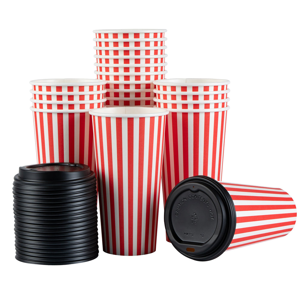 Restpresso 20 oz Red and White Stripe Paper Single Wall Coffee Cup - with Black Lid - 3 1/2"x 3 1/2"x 6 1/4" - 20 count box
