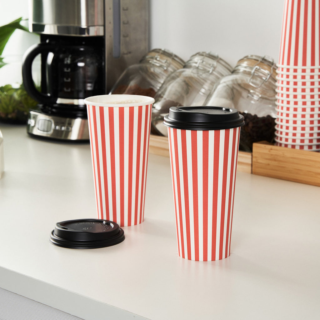 Restpresso 20 oz Red and White Stripe Paper Single Wall Coffee Cup - with Black Lid - 3 1/2"x 3 1/2"x 6 1/4" - 20 count box