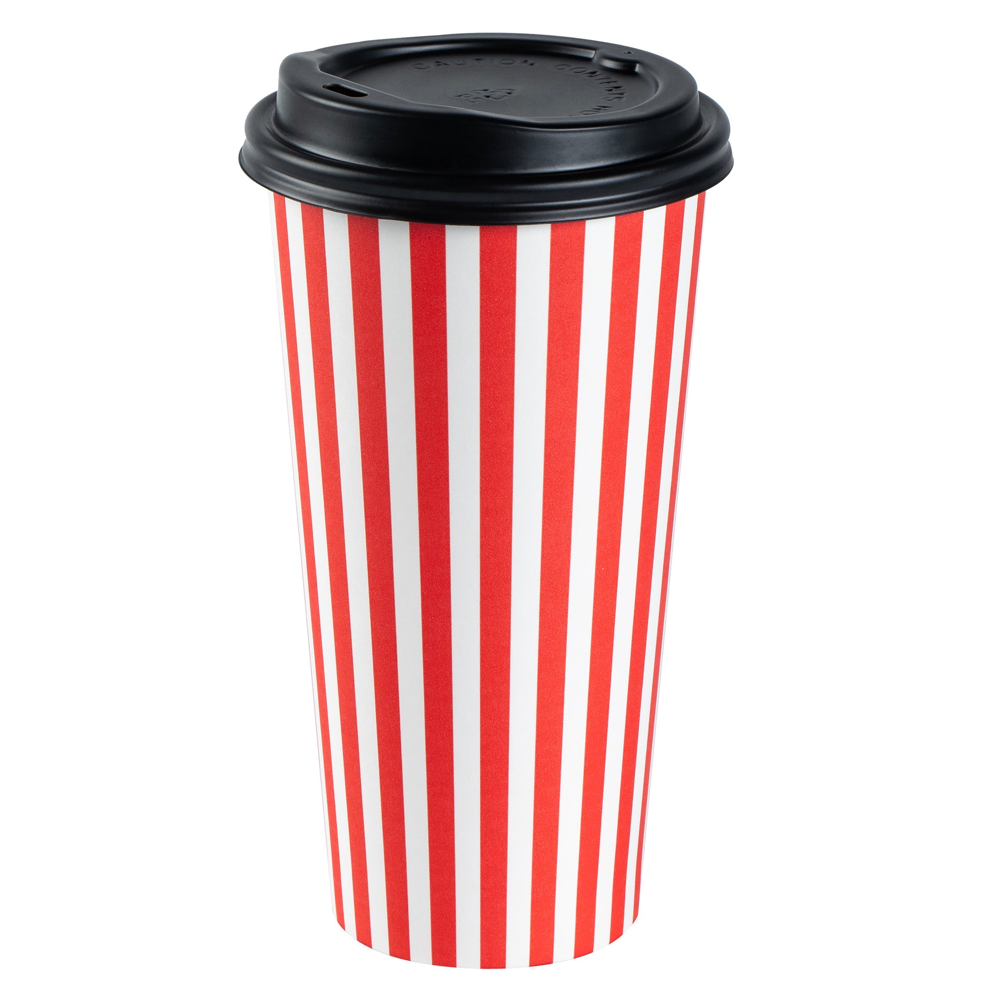 Restpresso 20 oz Red and White Stripe Paper Single Wall Coffee Cup - with Black Lid - 3 1/2"x 3 1/2"x 6 1/4" - 400 count box