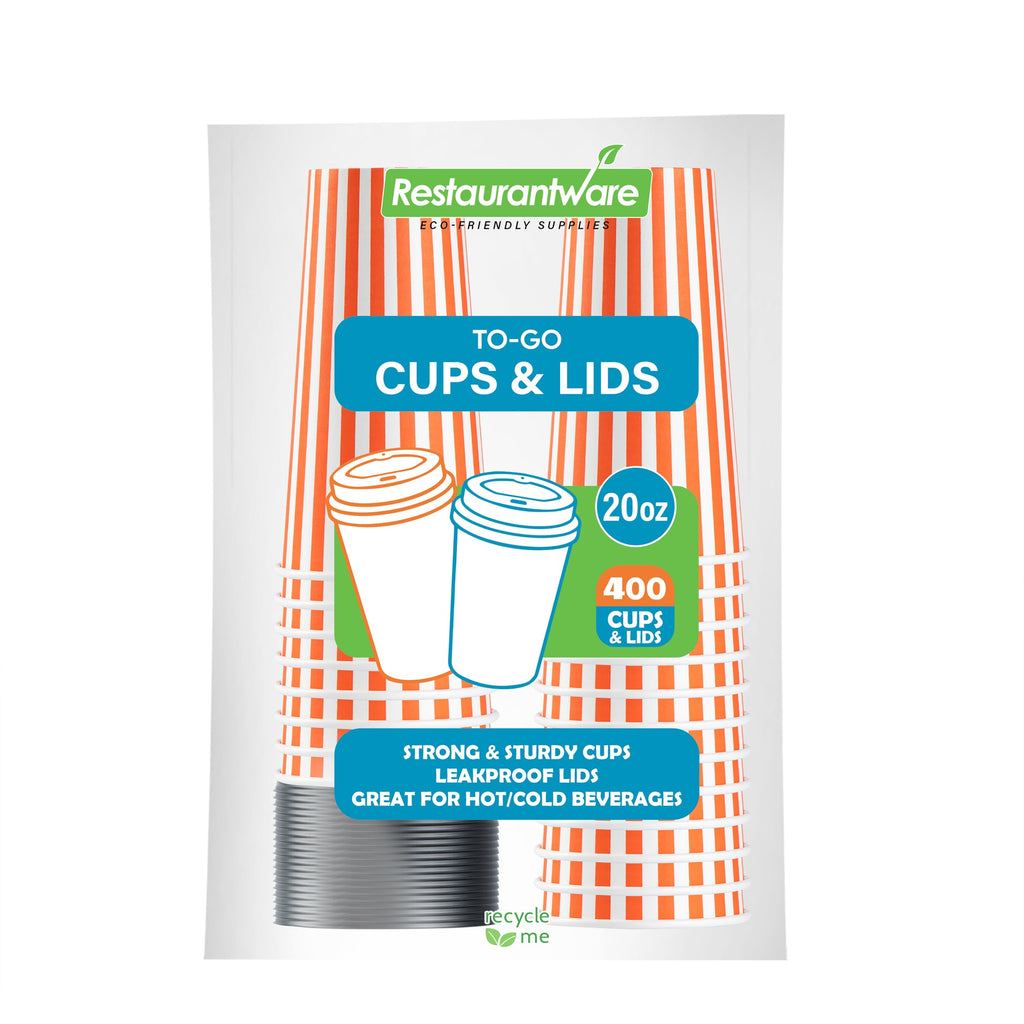 Restpresso 20 oz Orange and White Stripe Paper Single Wall Coffee Cup - with Black Lid - 3 1/2"x 3 1/2"x 6 1/4" - 20 count box