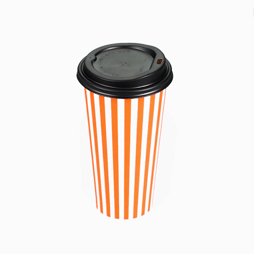 Restpresso 20 oz Orange and White Stripe Paper Single Wall Coffee Cup - with Black Lid - 3 1/2"x 3 1/2"x 6 1/4" - 20 count box