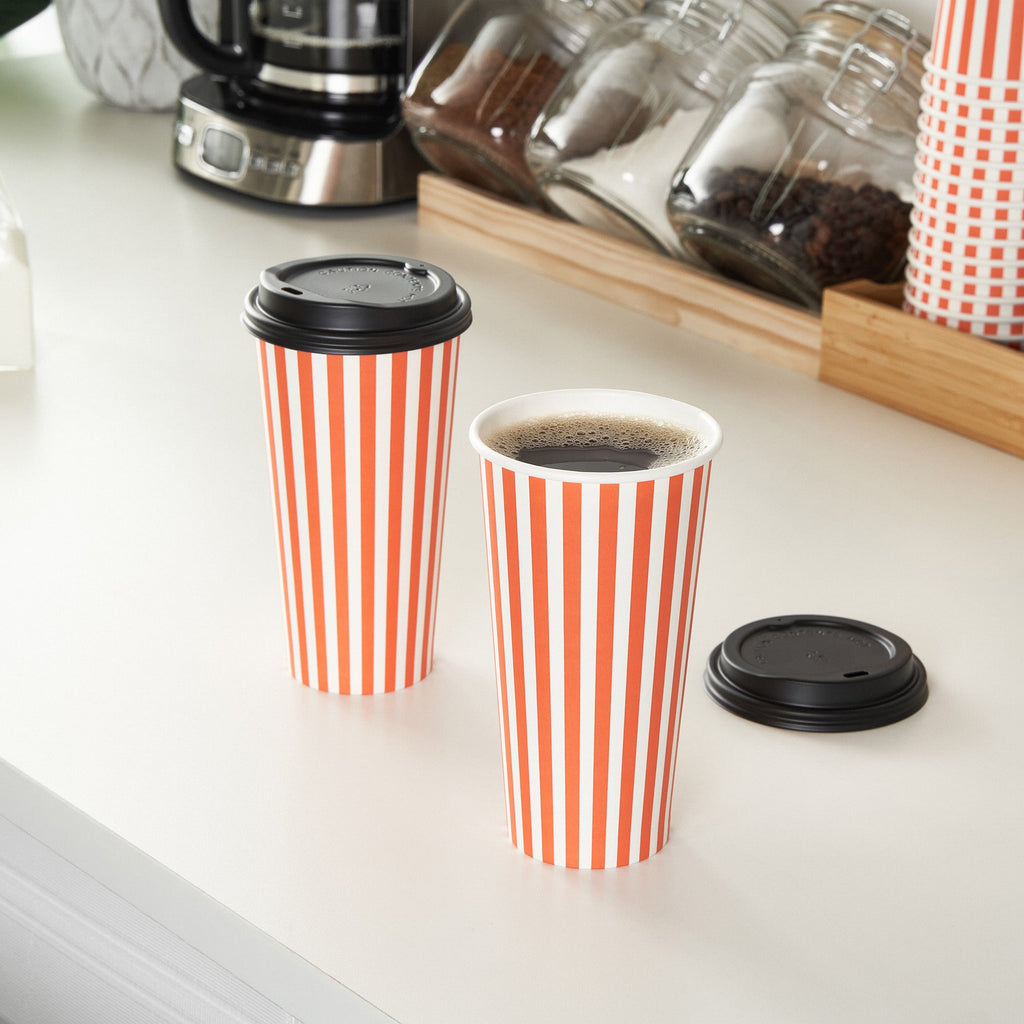 Restpresso 20 oz Orange and White Stripe Paper Single Wall Coffee Cup - with Black Lid - 3 1/2"x 3 1/2"x 6 1/4" - 400 count box