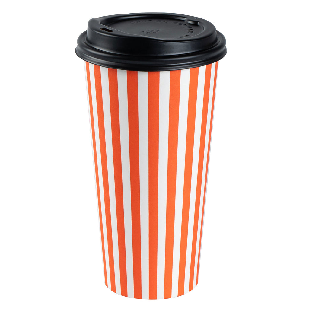 Restpresso 20 oz Orange and White Stripe Paper Single Wall Coffee Cup - with Black Lid - 3 1/2"x 3 1/2"x 6 1/4" - 400 count box