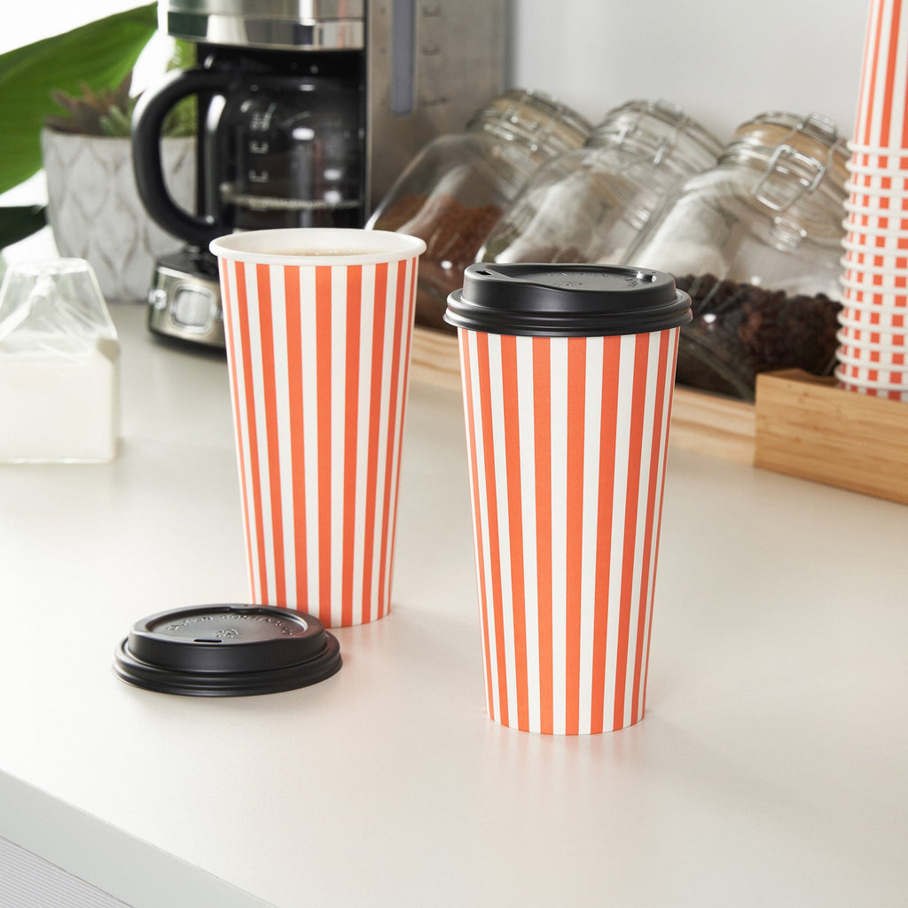 Restpresso 20 oz Orange and White Stripe Paper Single Wall Coffee Cup - with Black Lid - 3 1/2"x 3 1/2"x 6 1/4" - 400 count box
