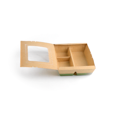 Eco Tek 51 oz Kraft and Green Paper Bento Box - with PLA Window, 3-Compartment, Compostable - 9 1/2'' x 7 1/2'' x 2'' - 100 count box