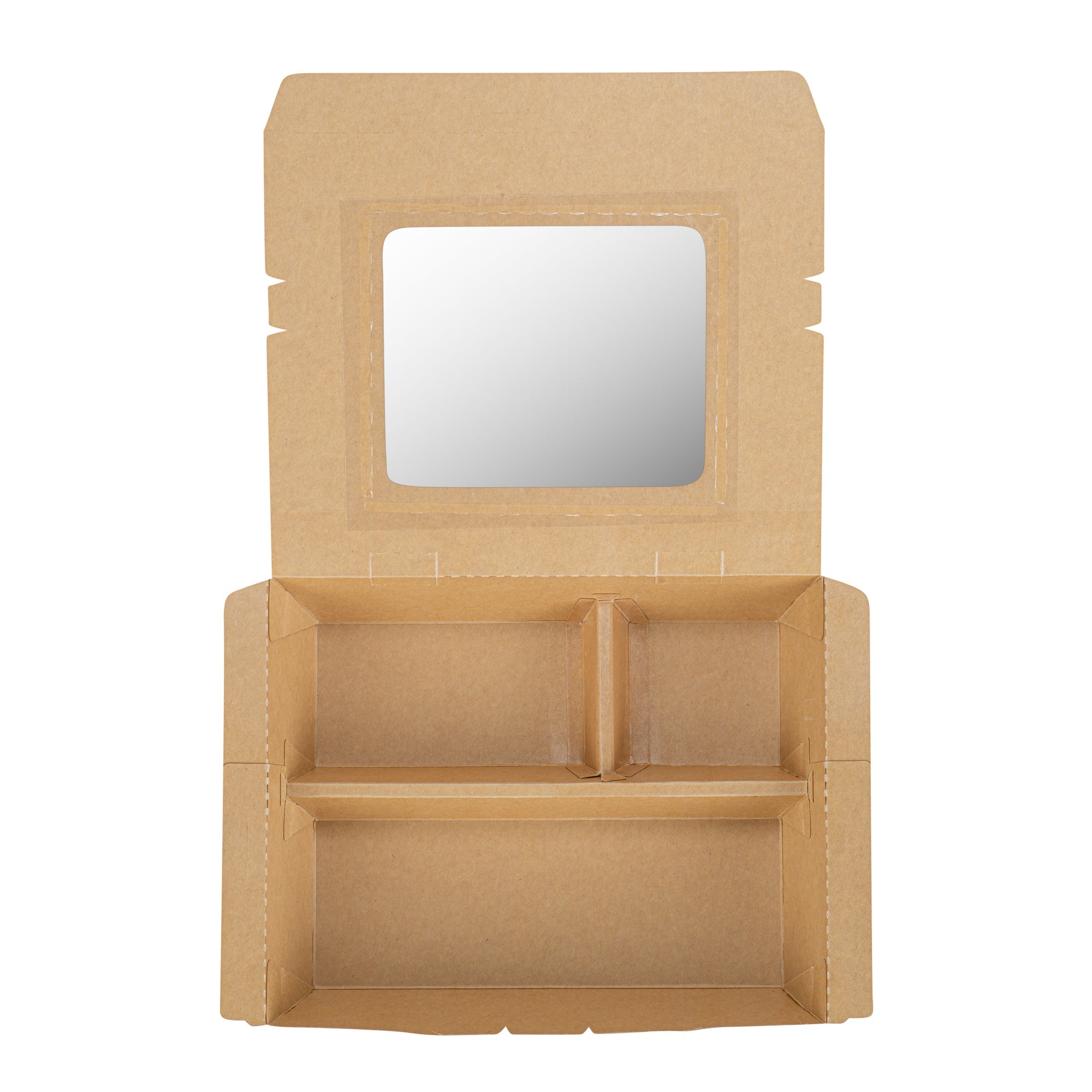 Eco Tek 51 oz Kraft and Green Paper Bento Box - with PLA Window, 3-Compartment, Compostable - 9 1/2'' x 7 1/2'' x 2'' - 100 count box