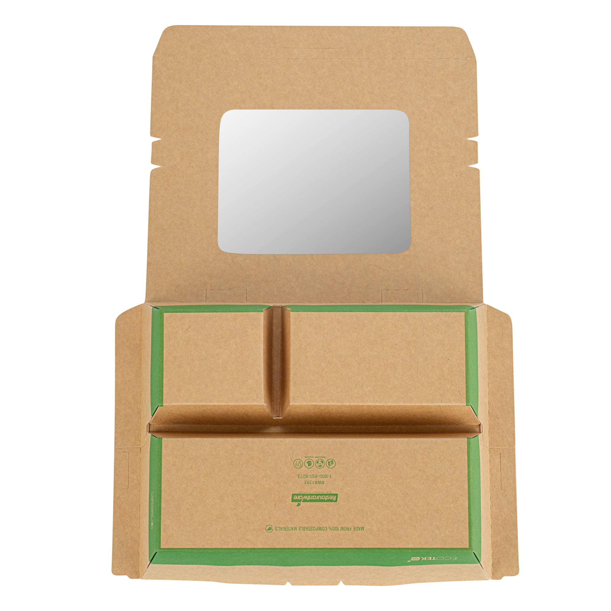 Eco Tek 51 oz Kraft and Green Paper Bento Box - with PLA Window, 3-Compartment, Compostable - 9 1/2'' x 7 1/2'' x 2'' - 100 count box
