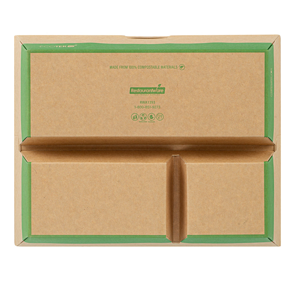Eco Tek 51 oz Kraft and Green Paper Bento Box - with PLA Window, 3-Compartment, Compostable - 9 1/2'' x 7 1/2'' x 2'' - 100 count box
