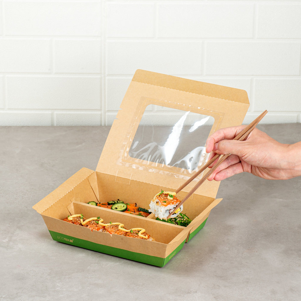 Eco Tek 51 oz Kraft and Green Paper Bento Box - with PLA Window, 3-Compartment, Compostable - 9 1/2'' x 7 1/2'' x 2'' - 100 count box