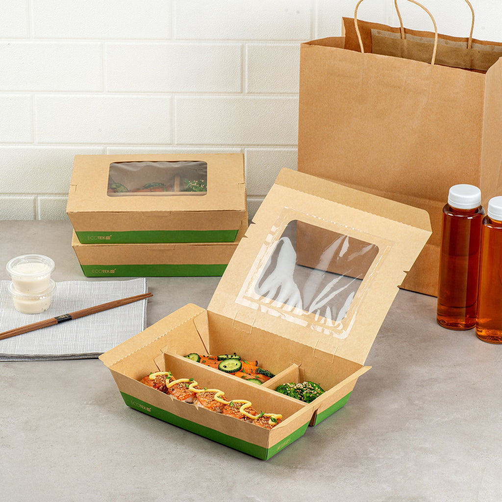 Eco Tek 51 oz Kraft and Green Paper Bento Box - with PLA Window, 3-Compartment, Compostable - 9 1/2'' x 7 1/2'' x 2'' - 100 count box