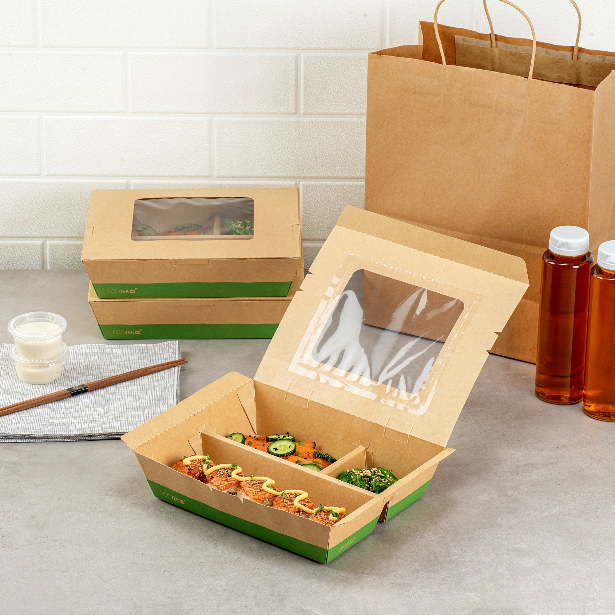 Eco Tek 51 oz Kraft and Green Paper Bento Box - with PLA Window, 3-Compartment, Compostable - 9 1/2'' x 7 1/2'' x 2'' - 100 count box