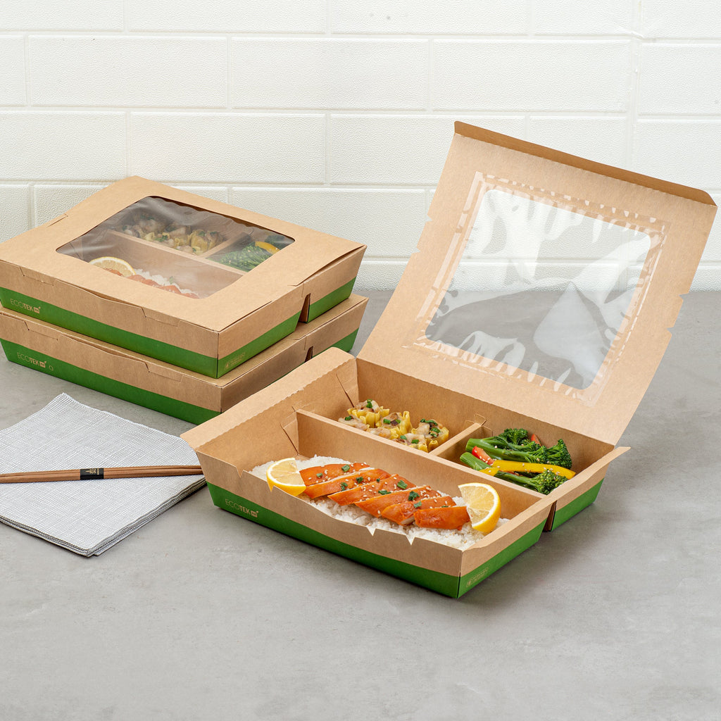 Eco Tek 78 oz Kraft and Green Paper Bento Box - with PLA Window, 3-Compartment, Compostable - 11" x 9" x 2" - 100 count box