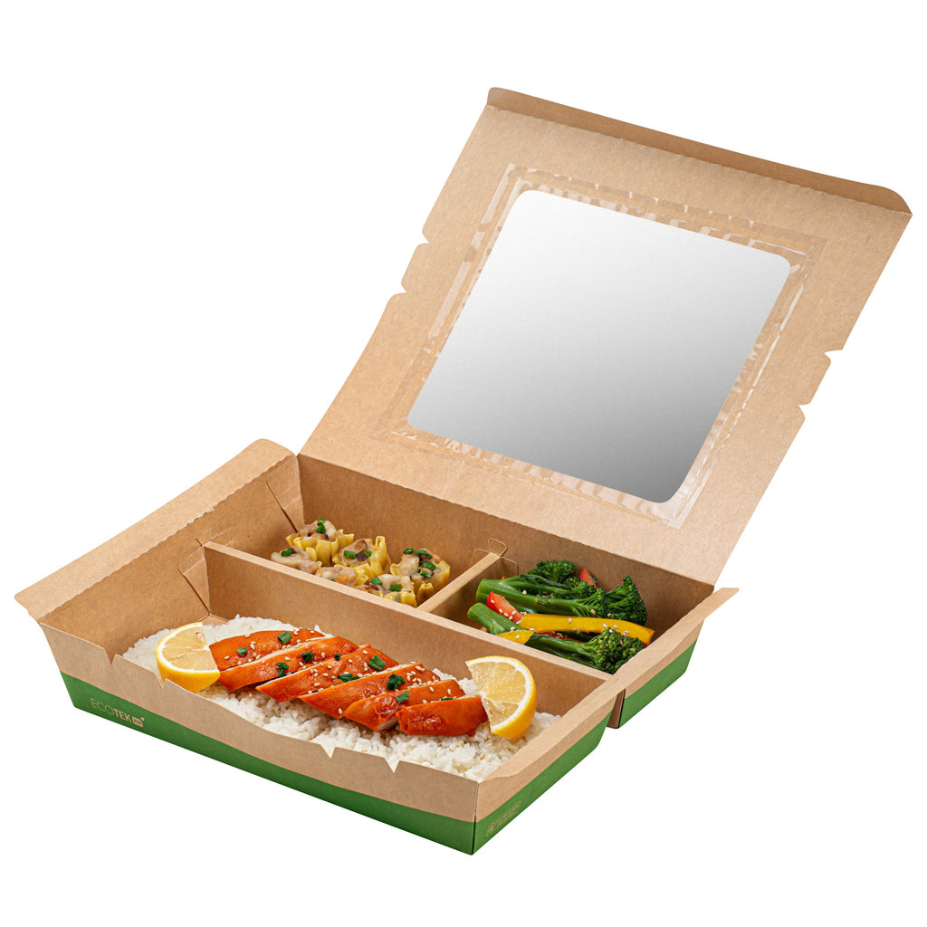 Eco Tek 78 oz Kraft and Green Paper Bento Box - with PLA Window, 3-Compartment, Compostable - 11" x 9" x 2" - 100 count box