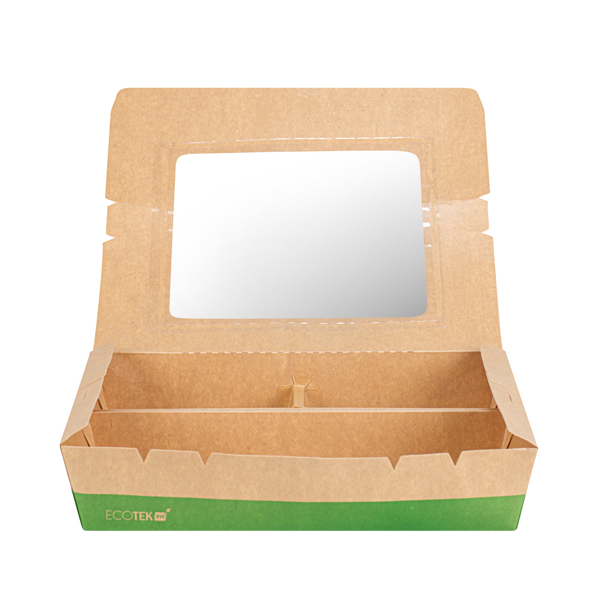 Eco Tek 78 oz Kraft and Green Paper Bento Box - with PLA Window, 3-Compartment, Compostable - 11" x 9" x 2" - 100 count box
