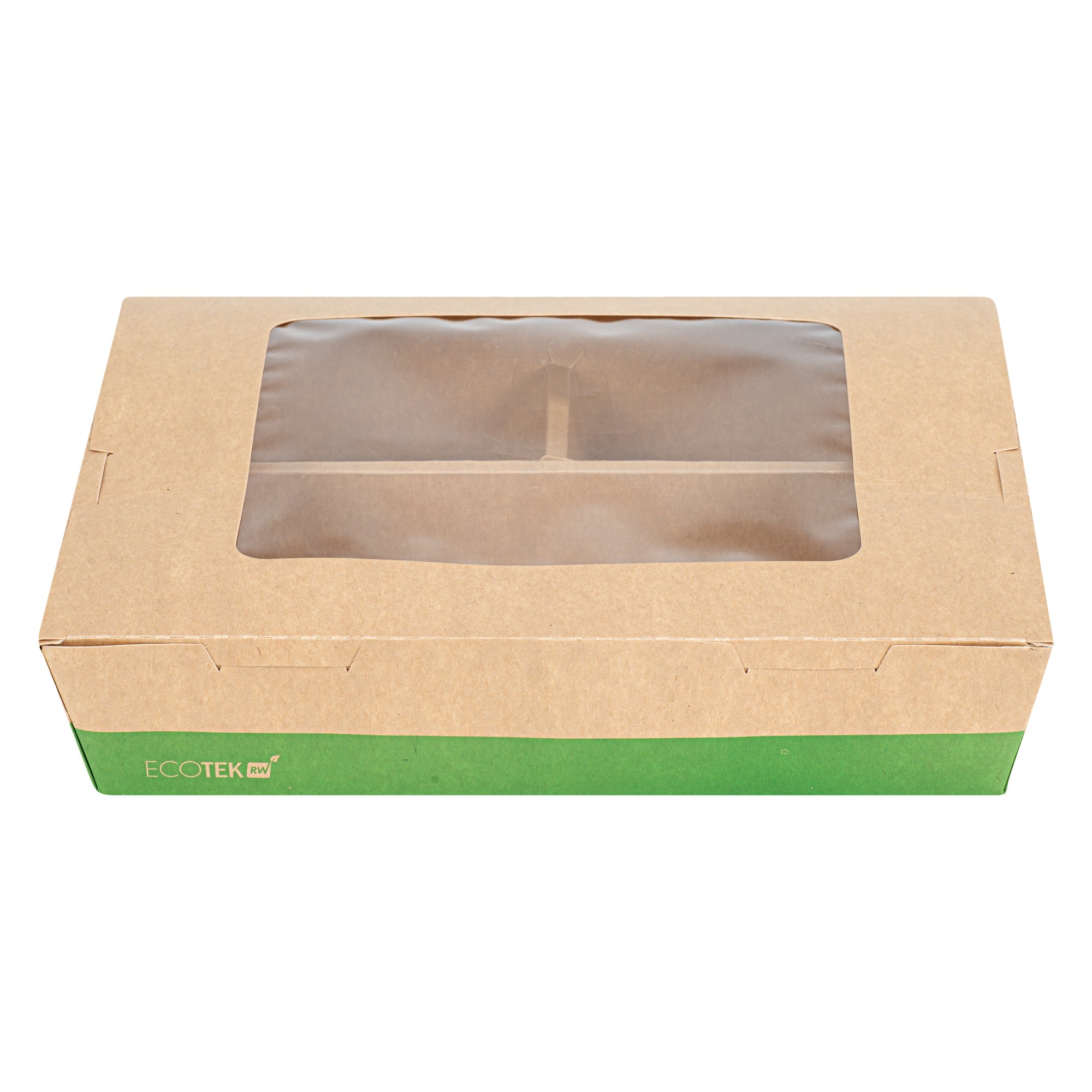 Eco Tek 78 oz Kraft and Green Paper Bento Box - with PLA Window, 3-Compartment, Compostable - 11" x 9" x 2" - 100 count box