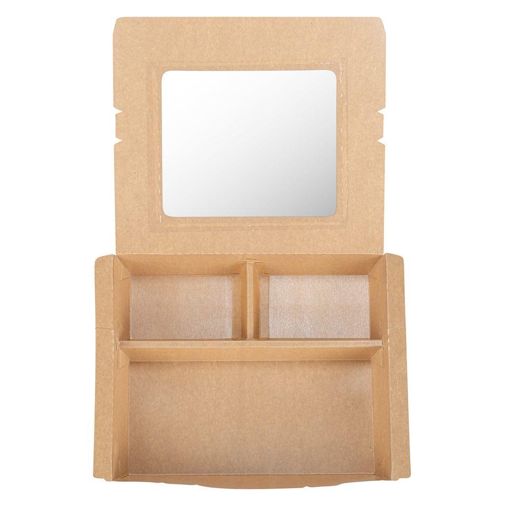 Eco Tek 78 oz Kraft and Green Paper Bento Box - with PLA Window, 3-Compartment, Compostable - 11" x 9" x 2" - 100 count box