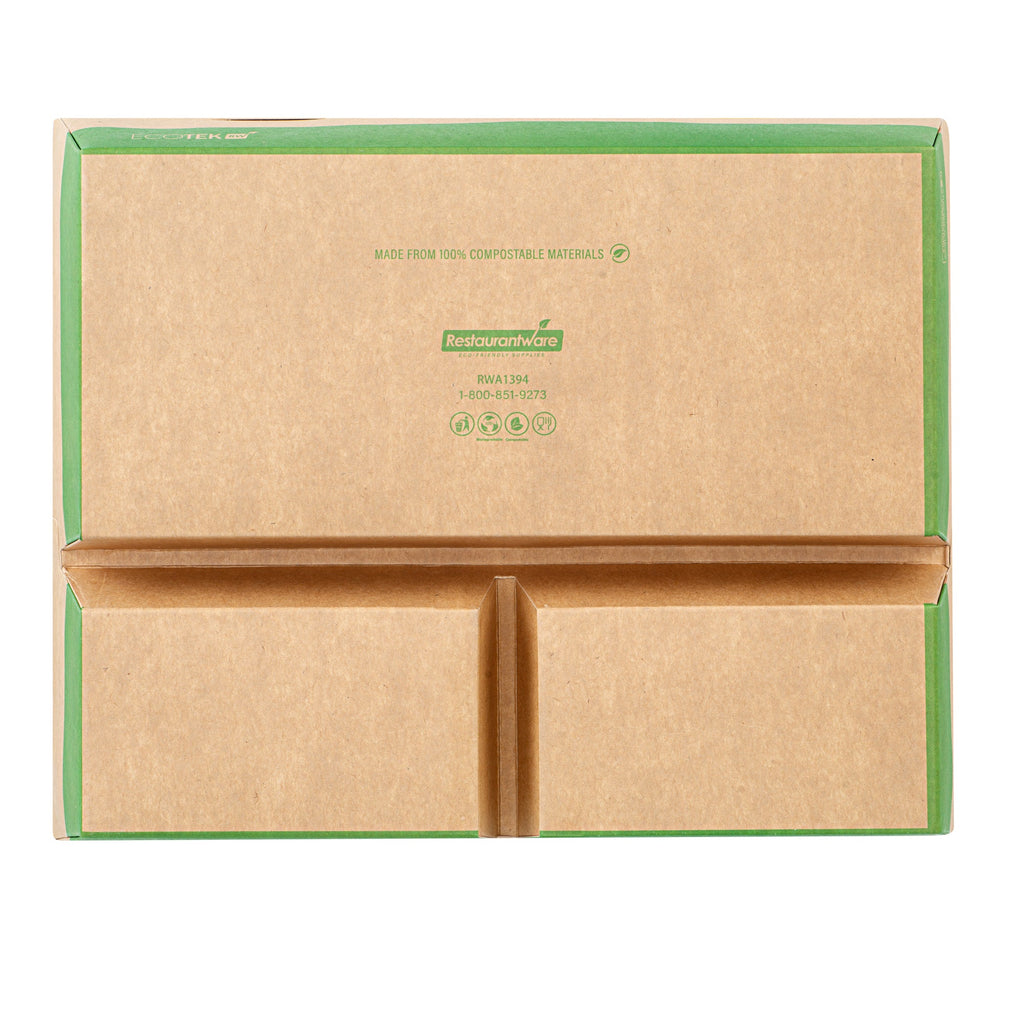 Eco Tek 78 oz Kraft and Green Paper Bento Box - with PLA Window, 3-Compartment, Compostable - 11" x 9" x 2" - 100 count box
