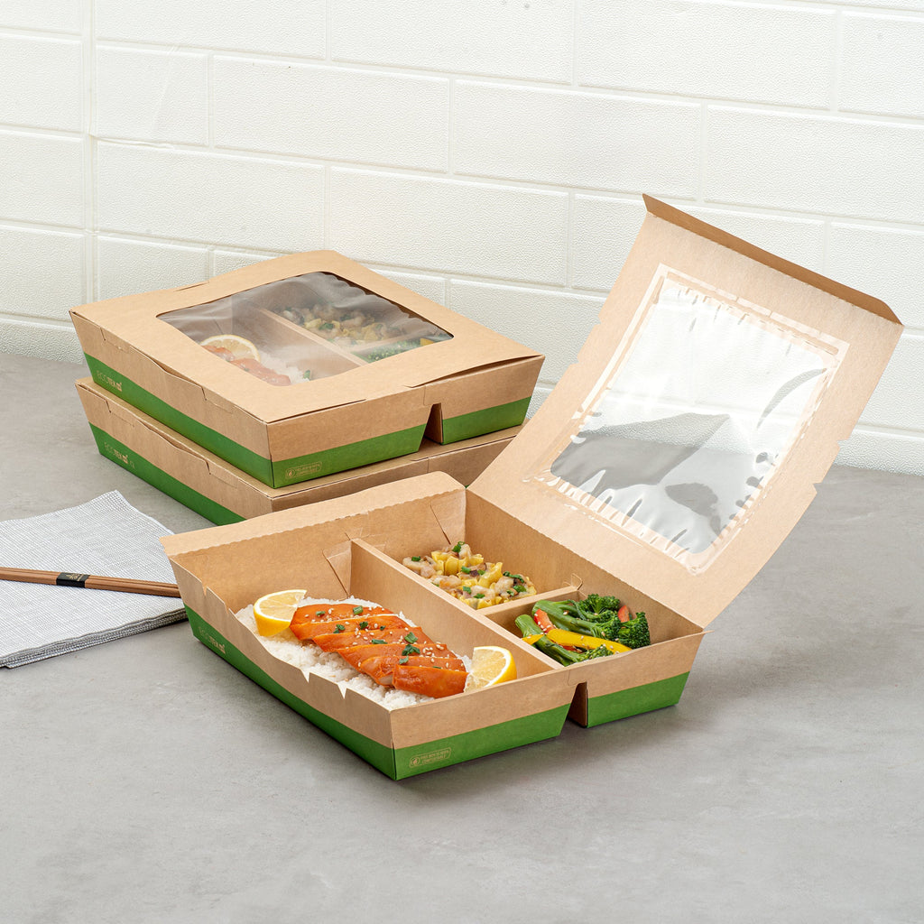 Eco Tek 78 oz Kraft and Green Paper Bento Box - with PLA Window, 3-Compartment, Compostable - 11" x 9" x 2" - 100 count box